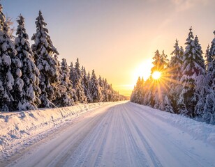 Snow-covered road through winter forest, sunburst at golden hour