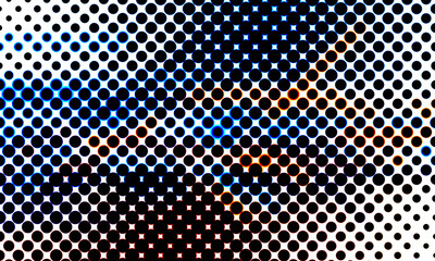 Modern halftone pattern with vibrant blue and orange accents creates dynamic feel