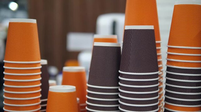 A vibrant stack of brown and orange paper coffee cups creates a visually appealing pattern in a shopping mall setting. This colorful and organized shot is perfect for cafe advertising, retail