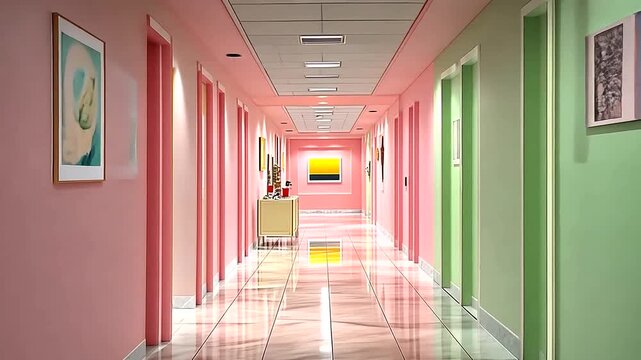 A vibrant, stylized hallway with pink, green, and yellow walls, featuring a tall cactus