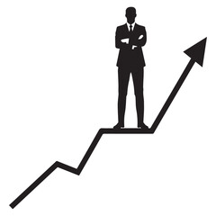 Silhouette of a confident businessman standing on a rising arrow graph representing success and financial growth