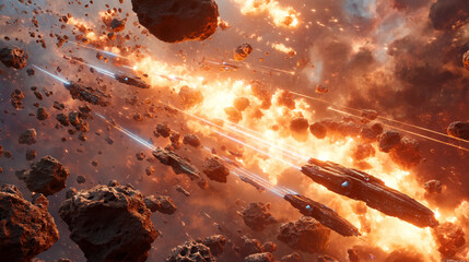 Space Battle Scene With Asteroids