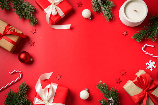 Christmas composition with gifts and decorations.