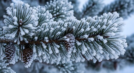 Close up of a frost covered pine branch with pinecones