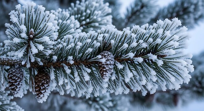 Close up of a frost covered pine branch with pinecones