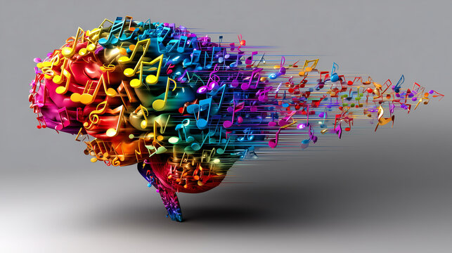 Une repr&eacute;sentation artistique color&eacute;e de l'attention s&eacute;lective o&ugrave; le cerveau traite des notes musicales