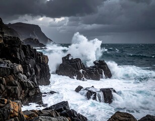 Powerful wave crashing against rocky coastline under a stormy sky