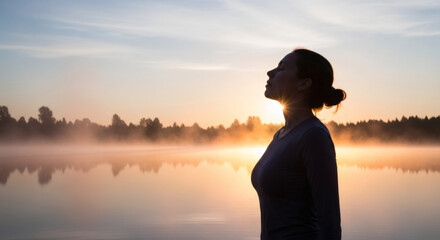 Fototapeta premium Silhouette of woman with raised head and closed eyes facing sun at sunrise over foggy lake. Deep breath and meditation concept.