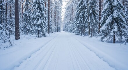 Obraz premium Snow-covered forest path surrounded by tall evergreen trees 