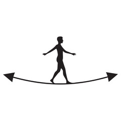 Silhouette of a person balancing carefully while walking on a taut rope with arrows pointing outwards on both ends