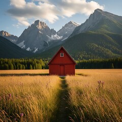 A charming red cabin sits serenely in a golden field, framed by majestic mountains under a vibrant sky.