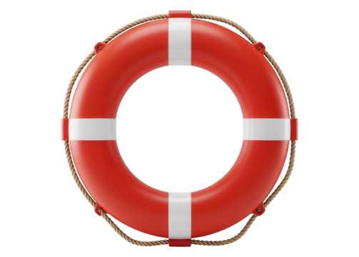 Bright red life preserver with white stripes and rope on black.