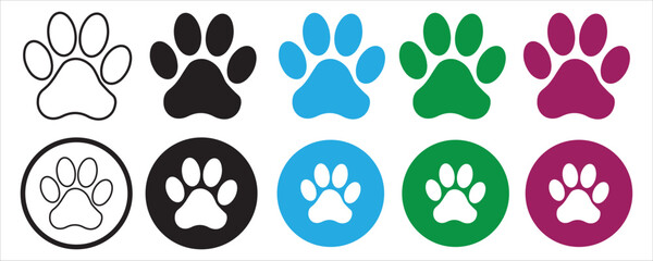 Fototapeta premium Dog Paw Print Vector Set. Colorful Pet Footprint Icons