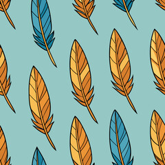 Fototapeta premium Seamless pattern of stylized orange and blue feathers on a light blue background hand drawn illustration