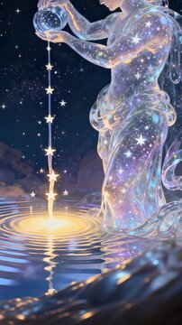 Aquarius zodiac sign. Glowing ethereal figure releasing luminous water stream across starry background, embodying cosmic energy and mythological representation of universal connection