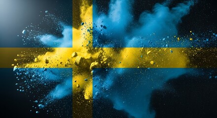 A vibrant explosion of color depicts the Swedish flag, showcasing a dynamic display of powder paint in shades of blue and gold.