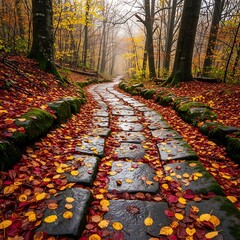 A pathway lined with weathered stone and covered in a carpet of vibrant autumn leaves, leading deep into a misty forest.