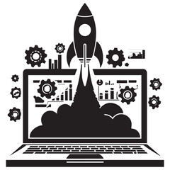 Silhouette of a rocket launching from a laptop screen with gears and charts symbolizing startup growth and digital innovation