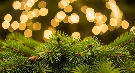 Detailed photo of a Christmas pinecone and needles set against a warm, magical blur of holiday lights