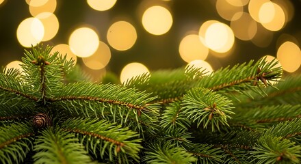 Detailed photo of a Christmas pinecone and needles set against a warm, magical blur of holiday lights