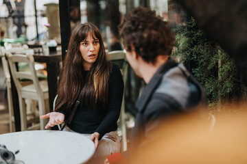 A man and a woman engage in a discussion at an outdoor cafe, with the atmosphere hinting at a mix...