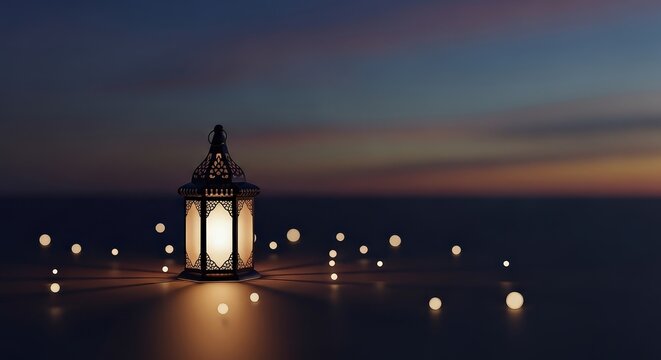 An ornate glowing lantern sits on a reflective surface surrounded by bokeh lights during a beautiful sunset.