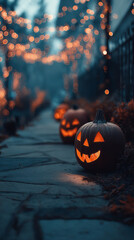 Halloween holiday jack-o-lantern orange pumpkins in a row on path in neighborhood town mobile vertical format bokeh background seasaonal backdrop autumn season dark at night sun setting light blue
