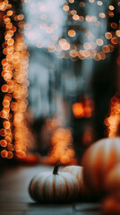 twilight dusk halloween orange pumpkin gourd decorations on that ground on sidewalk path bokeh lights at night mobile background vertical format holiday seasonal backdrop autumn October