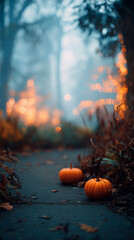 halloween orange pumpkin decorations on that ground on sidewalk path bokeh lights at night mobile background vertical format holiday seasonal backdrop autumn October