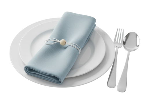 Set table with light blue napkin on white plates and cutlery.