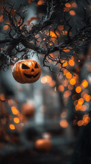 closeup of halloween jack o lantern ornament hanging from a tree orange bokeh dark spooky vertical format mobile background backdrop