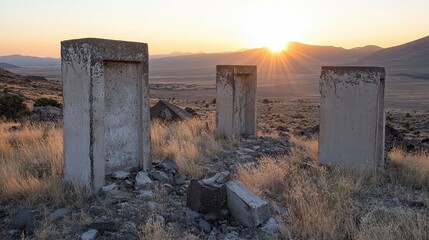 Weathered concrete ruins of a guard post in a desert landscape