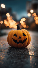 Halloween holiday jack-o-lantern orange pumpkin on the road in city mobile vertical format bokeh background seasaonal backdrop autumn season dark at night sun setting light