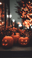 cluster of Halloween holiday jack-o-lantern orange pumpkins in neighborhood town mobile vertical format bokeh background seasaonal backdrop autumn season dark at night sun setting light blue