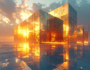Modern building reflecting light at dusk. Abstract Futuristic Business Background