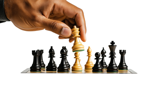 Chessboard Strategy with Hand Moving Chess Piece  on transparent background