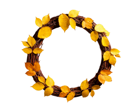 Rustic Autumn Twig Wreath with Golden Leaves – PNG