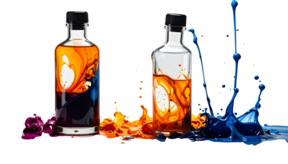 Blue Ink Bottle with Spilled Contents in Two Variations, isolated on transparent background