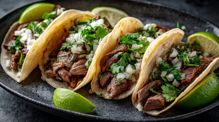 A close up shot of four tacos filled with meat and toppings on a dark gray plate with lime wedges