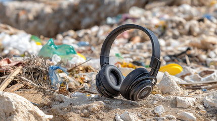 Naklejka premium Black headphones amidst trash on beach