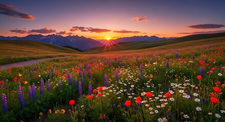 A vibrant meadow bursts with colorful wildflowers under a stunning sunset sky, framed by rolling hills and distant mountains.
