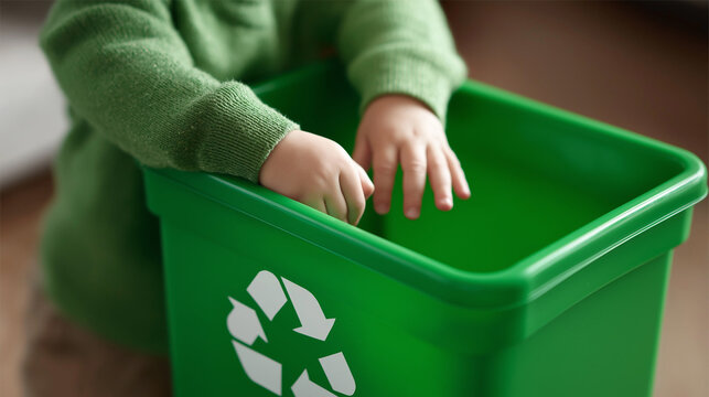 Child placing item in green recycling bin - Powered by Adobe