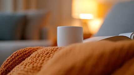 Cozy evening scene: A cup of tea rests on a comfy orange blanket with an open book nearby, softly lit by a lamp, creating a perfect relaxed and calming atmosphere.