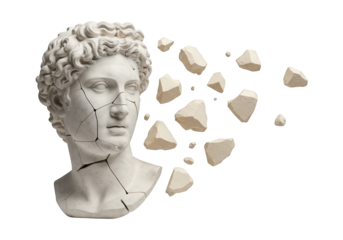 Cracked marble bust crumbles into abstract pieces against black.