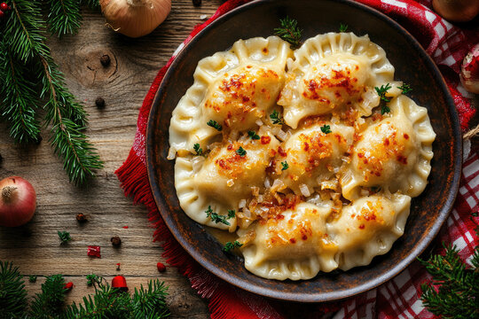 Plate of traditional polish pierogi with golden crust, butter, and chopped parsley, arranged on a dark green napkin, surrounded by Christmas tree branches, string lights, and a glowing candle
