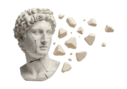 Cracked marble bust crumbles into abstract pieces against black.