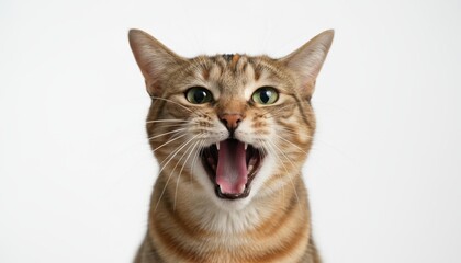 Extreme close-up of a tabby domestic cat meowing with mouth open against a white studio background.