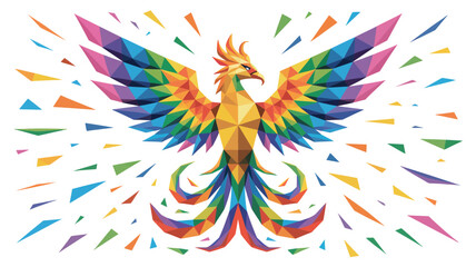 Fototapeta premium Geometric phoenix illustration with vibrant rainbow colors and triangular shapes on white background