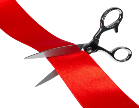 Silver Scissors Snipping Red Ribbon for Celebration Isolated on Transparent Background