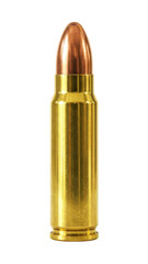 A single bullet with a copper tip rests on a white background.